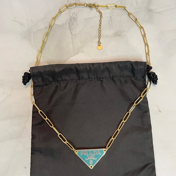 Upcycled Gold & Turquoise Triangle Logo Paper Clip Chain Necklace - Picture 3 of 3